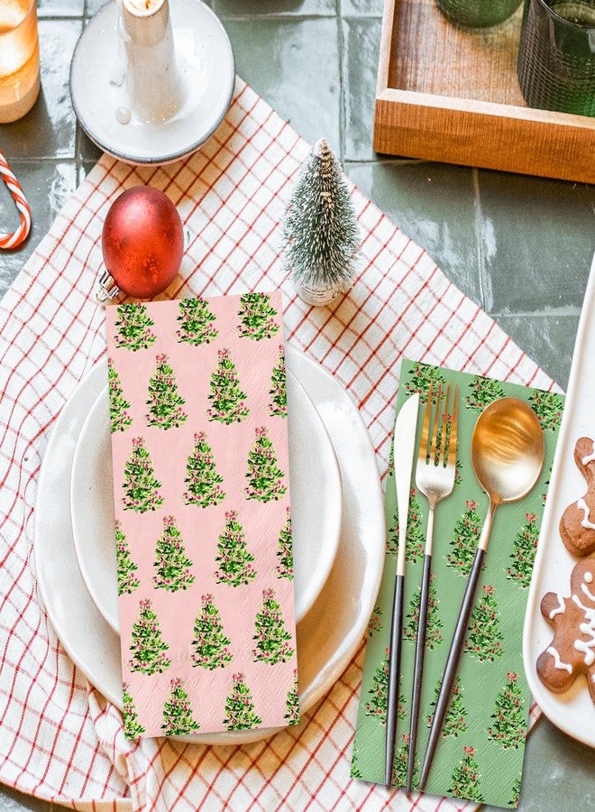 JarThenaAMCS مناديل جارثينا إيه إم سي إس، 100 قطعة، مناديل ورقية لضيوف عيد الميلاد، وردية وخضراء، مزينة بشجرة عيد الميلاد، للاستخدام مرة واحدة، مناسبة للعشاء، ولتزيين طاولات حفلات الأعياد. - Image 3